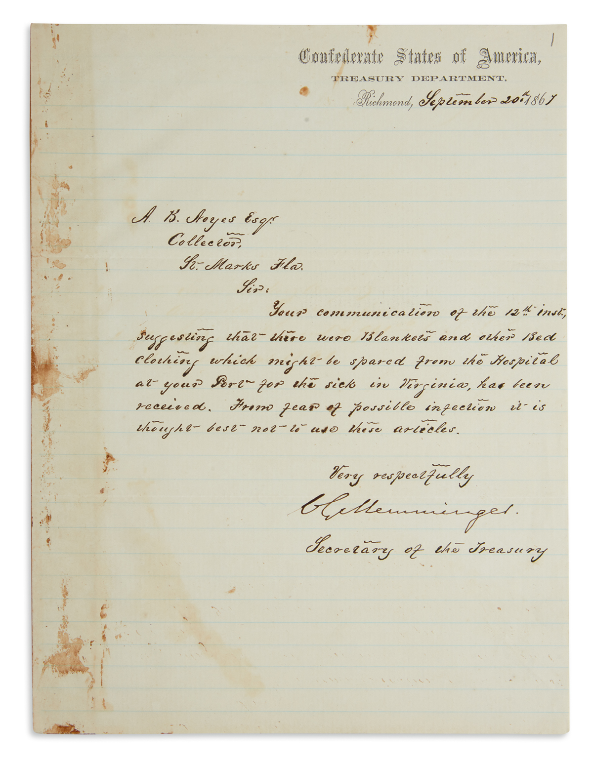 (CIVIL WAR.) CHRISTOPHER GUSTAVUS MEMMINGER. Letter Signed, CGMemminger, as Secretary of the Treasury, to Collector Al...
